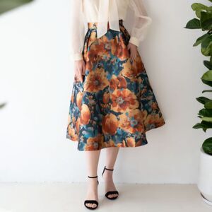 NWOT Chicwish | Pleated Painting Floral Flare Jacquard Skirt, Womens Large